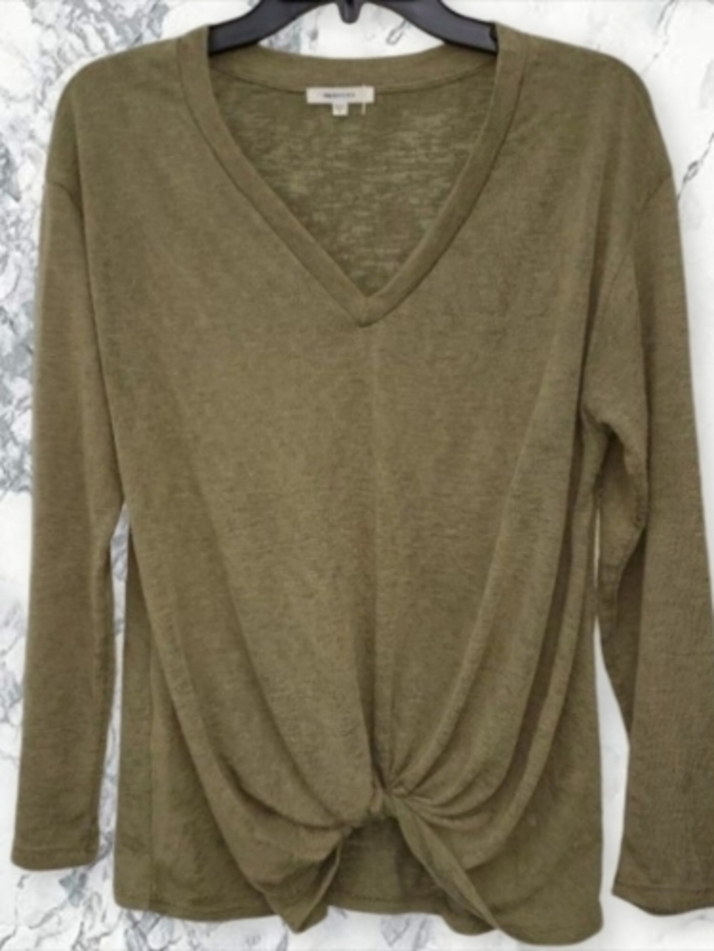 Pleione Olive V-Neck Tie Front Top